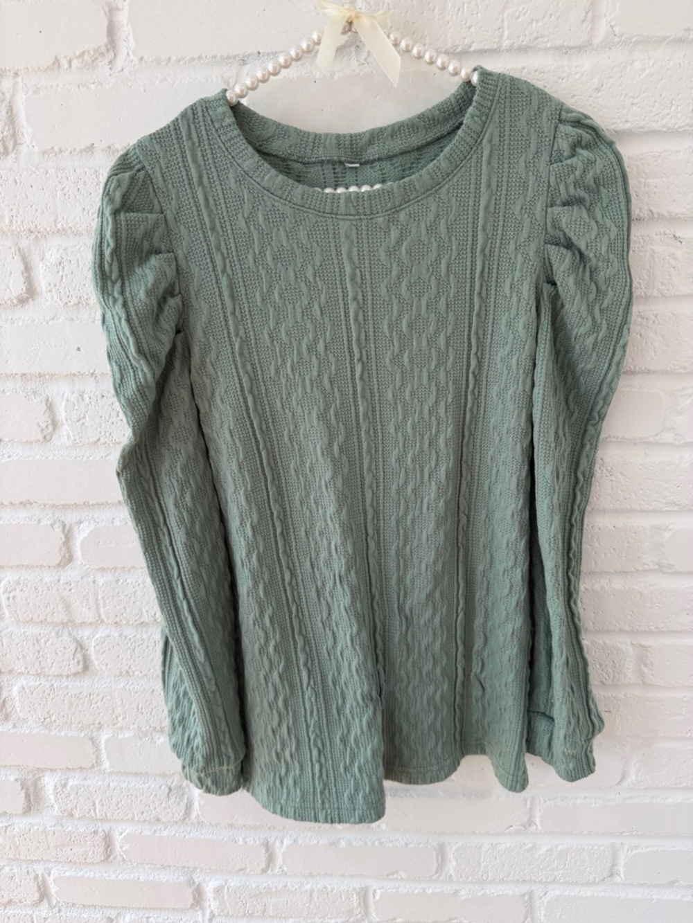 SHEIN Sage Green Cable Knit Puff-Sleeve Sweater Top